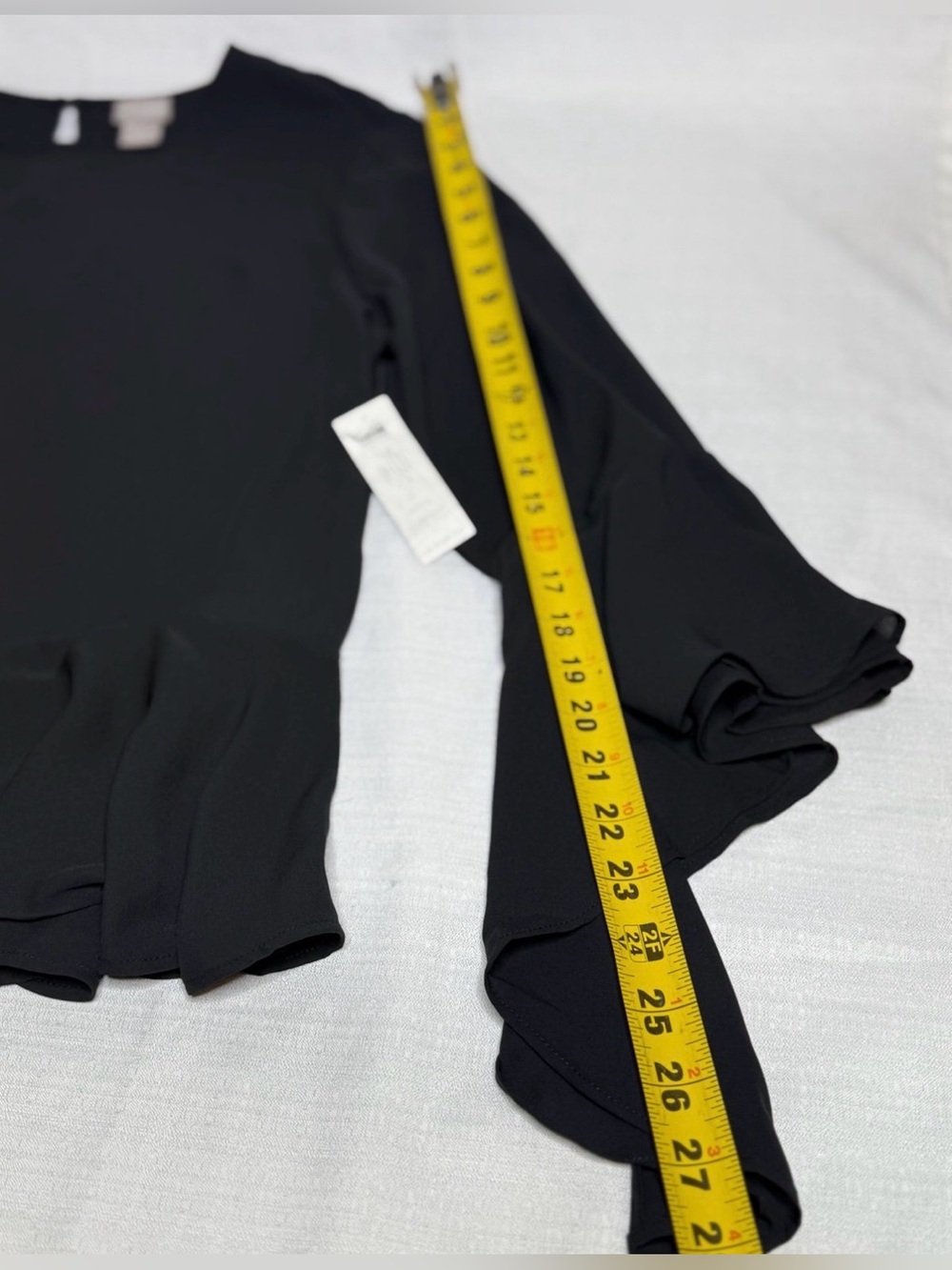 Chico’s Womens Blouse Size 2 Black Asymmetrical Bell Sleeve Top Flowy Shirt New - Picture 10 of 11